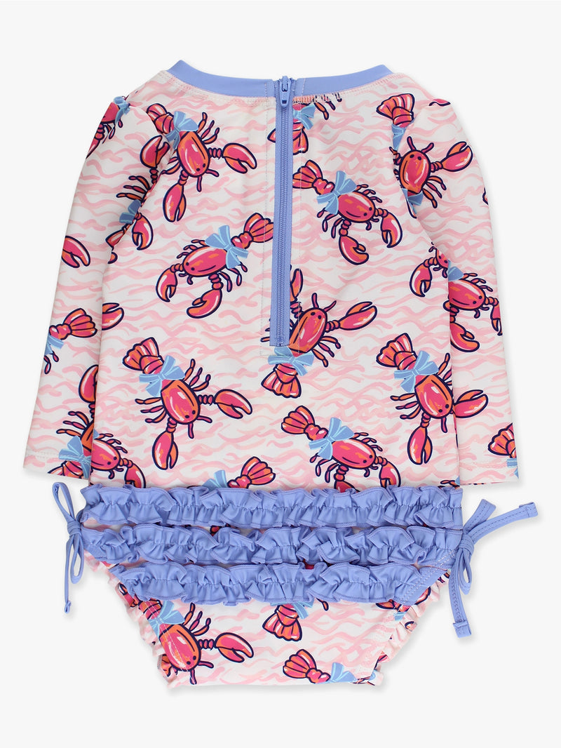 RuffleButts | One-Piece Long Sleeve Rash Guard with Rear Ruffles | Pink Lobster