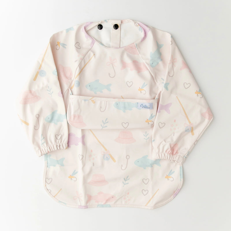 Baby long sleeve bibs with pastel fishing pattern on a light gray background