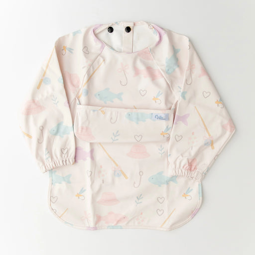 Baby long sleeve bibs with pastel fishing pattern on a light gray background