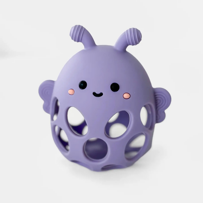 Purple honeybee-shaped toy with a smiling face on a white background