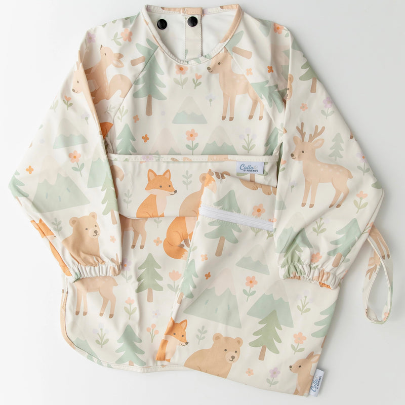 Baby bib and pouch set with forest animal pattern on a light gray background