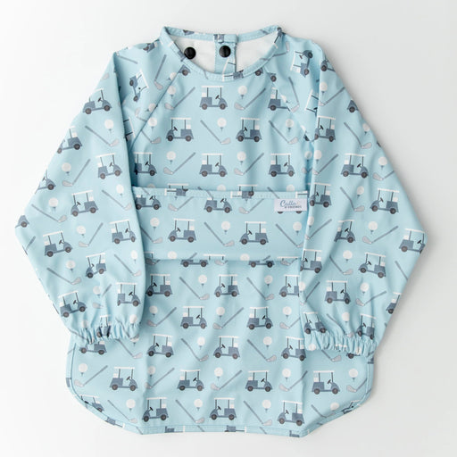 Children's bib with golf-themed pattern on a light blue background