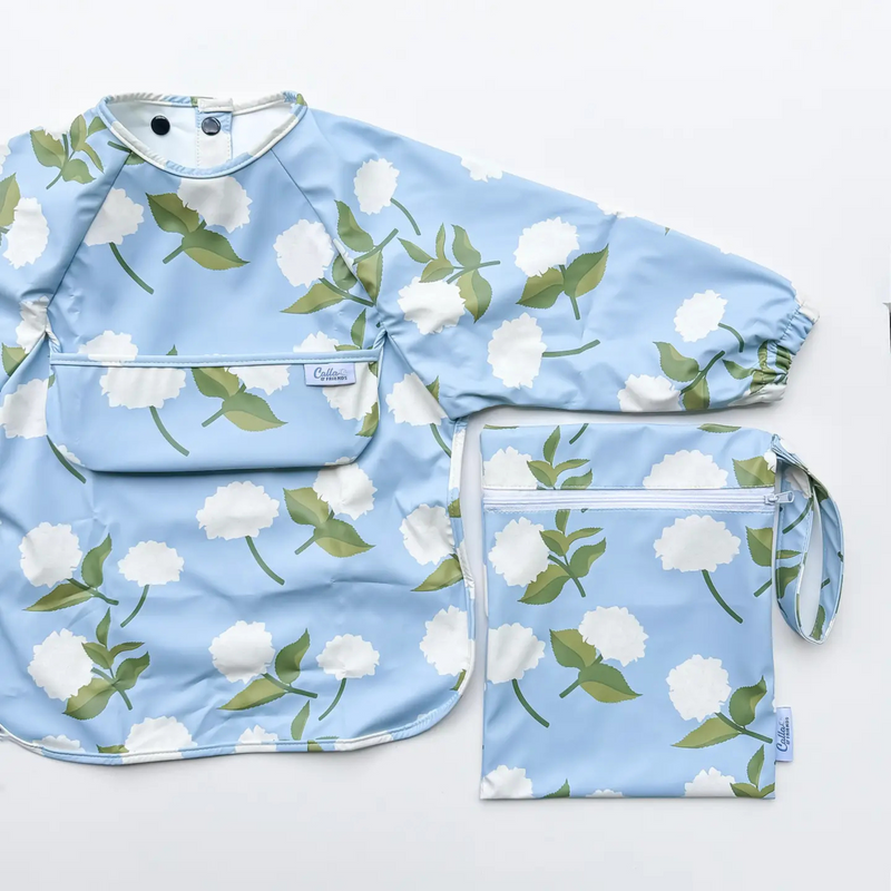 Calla & Friends | The Grayson Waterproof Long Sleeve Bib | Hydrangeas | Blue