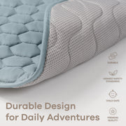 Quilted mat with textured surface on a light gray background, featuring durability and safety icons.