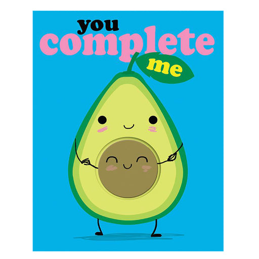 Cover of You Complete Me showing a smiling avocado hugging its pit with colorful text