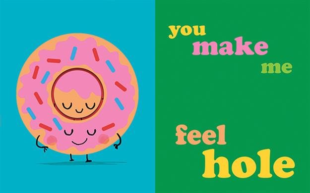 Cartoon donut with a face on a blue and green background with text.