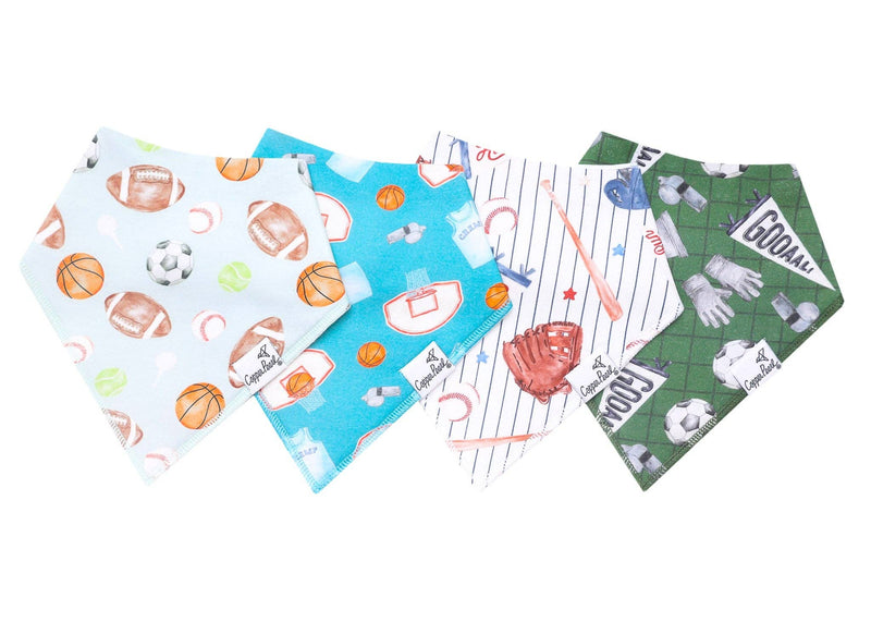 Copper Pearl All Star bandana bib 4-pack with sports balls, blue basketball, baseball pinstripe and green soccer prints