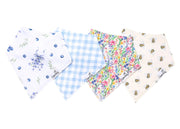 Copper Pearl Catherine bandana bib 4-pack with blue floral, blue gingham, wildflower and bee prints