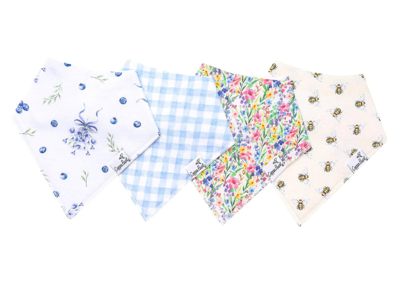Copper Pearl Catherine bandana bib 4-pack with blue floral, blue gingham, wildflower and bee prints