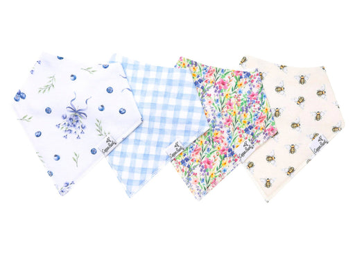 Copper Pearl Catherine bandana bib 4-pack with blue floral, blue gingham, wildflower and bee prints