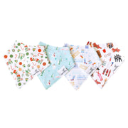 Four Copper Pearl Christmas Classics bandana bibs flat lay in coordinating holiday prints on white background