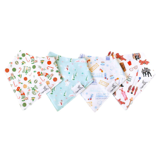 Four Copper Pearl Christmas Classics bandana bibs flat lay in coordinating holiday prints on white background