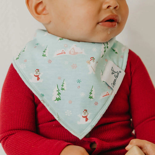 Baby wearing green Christmas tree Copper Pearl bandana bib