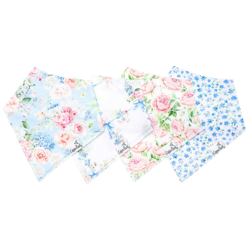 Copper Pearl Genevieve bandana bib 4-pack in four coordinating pink and blue floral prints