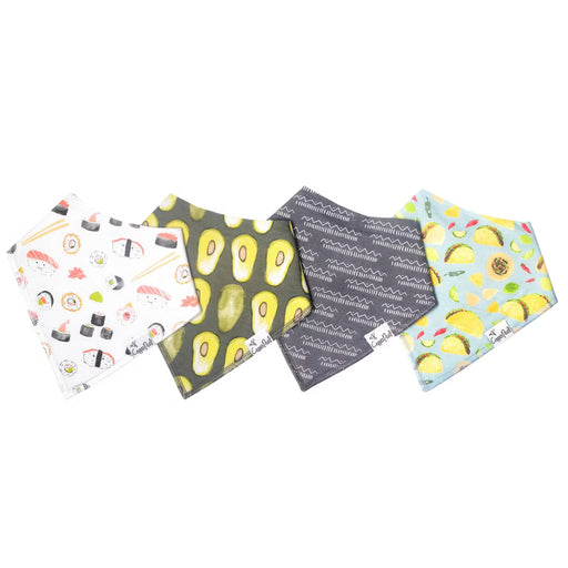 Four bandana bibs in Baja prints: sushi, avocado, charcoal script, and citrus, arranged side by side