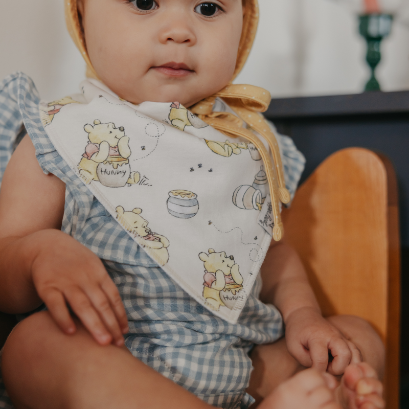 Baby sitting on a lap wearing a Copper Pearl Hundred Acre Wood Winnie the Pooh bandana bib