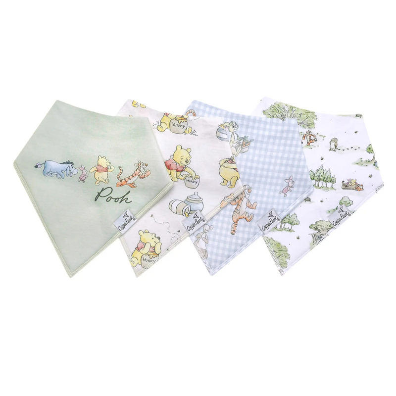 Copper Pearl Hundred Acre Wood Winnie the Pooh bandana bib set with four Pooh prints