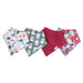 Four Ivy bandana bibs laid flat in botanical, acorn, solid berry, and floral prints