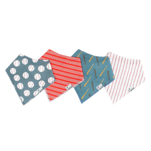 Copper Pearl Slugger bandana bib set with baseball, red stripe, slate blue and pinstripe designs