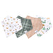 Four Copper Pearl Wilder bandana bibs laid out flat in woodland and plaid prints