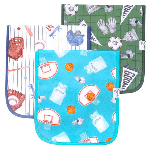 Copper Pearl All Star burp cloth 3-pack with baseball pinstripe, green soccer and blue basketball prints