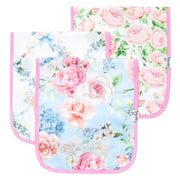 Copper Pearl Genevieve burp cloth 3-pack in three pink and blue floral prints with pink trim
