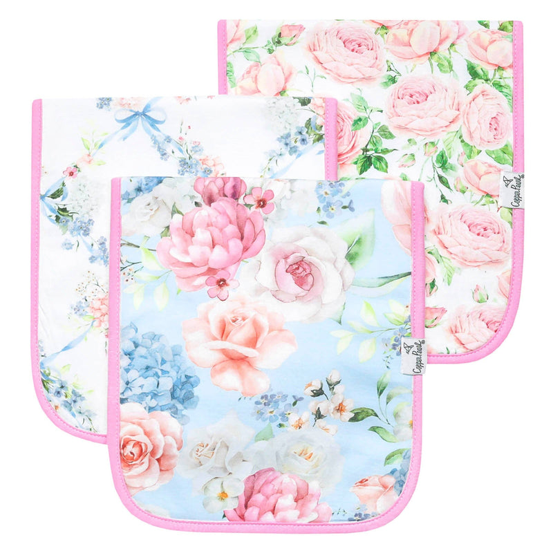 Copper Pearl Genevieve burp cloth 3-pack in three pink and blue floral prints with pink trim