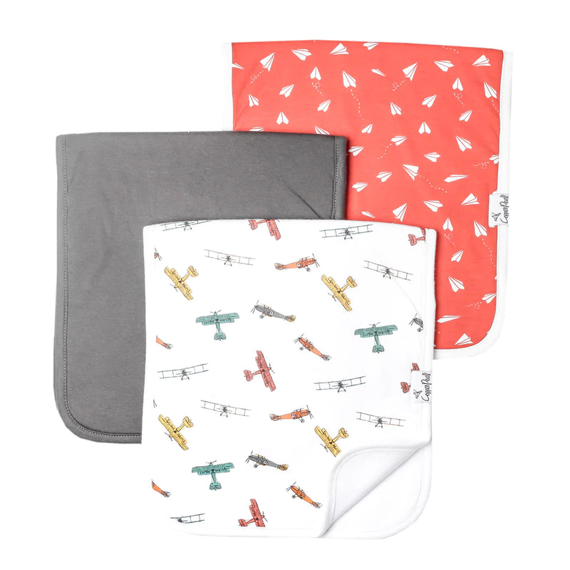 Copper Pearl Ace premium burp cloth set with gray, coral print and airplane print designs