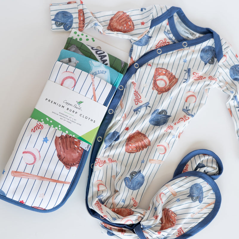 Copper Pearl All Star baseball print burp cloths shown with a matching baseball knotted gown
