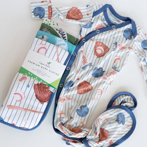 Copper Pearl All Star baseball print burp cloths shown with a matching baseball knotted gown