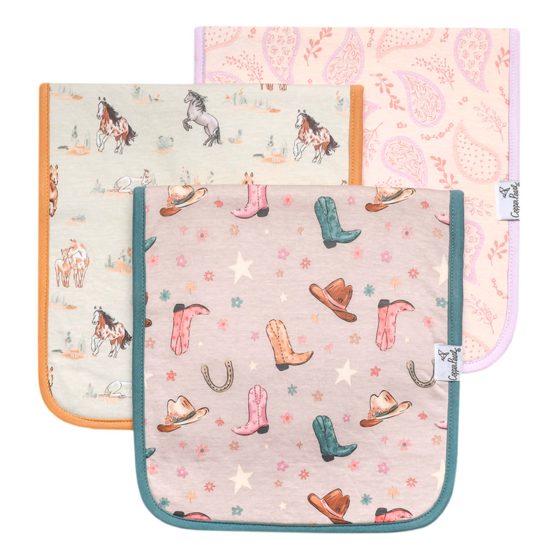 Copper Pearl Cheyenne premium burp cloth set with pink cowgirl boot, pink and western horse designs