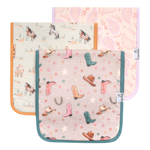 Copper Pearl Cheyenne premium burp cloth set with pink cowgirl boot, pink and western horse designs
