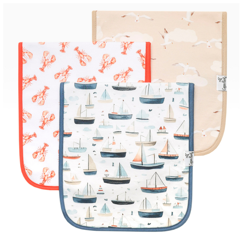 Copper Pearl Fischer premium burp cloth set with lobster, tan and sailboat designs