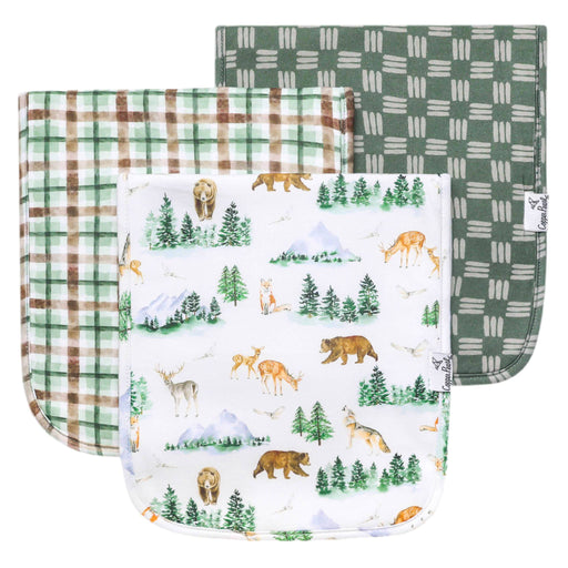 Three Grayson burp cloths stacked: forest animals print with two coordinating green plaids