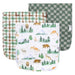Three Grayson burp cloths stacked: forest animals print with two coordinating green plaids