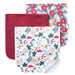 Three Ivy burp cloths laid flat in floral, solid berry, and woodland mushroom prints