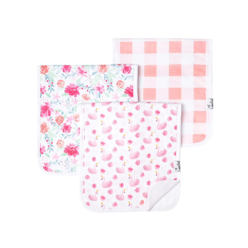 Copper Pearl June premium burp cloth set with pink floral, pink gingham and pink flamingo designs