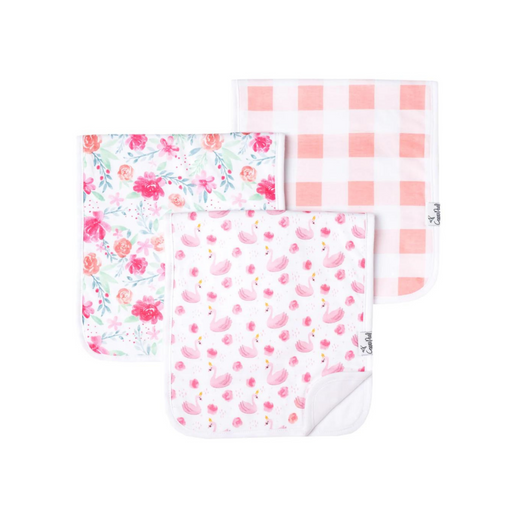 Copper Pearl June premium burp cloth set with pink floral, pink gingham and pink flamingo designs
