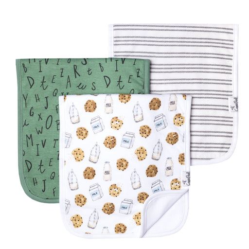 Copper Pearl Chip burp cloths three-pack flat lay in green alphabet, stripe, and cookies and milk prints on white background