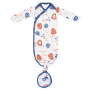 Copper Pearl newborn knotted gown in All Star print, baseball gloves and caps on pinstripes with navy trim, laid flat
