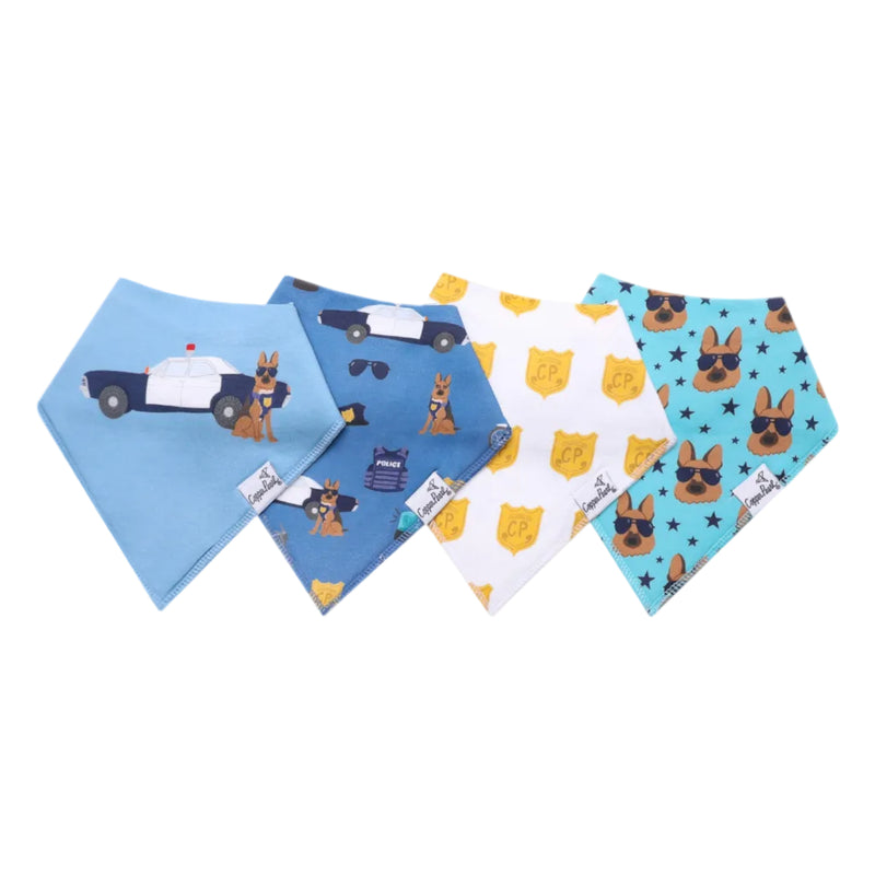 Four dog bandanas in light blue, navy blue, white, and turquoise, each featuring a French Bulldog dressed as a police officer with a police car, badge, sunglasses, and stars.