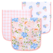 Set of two baby bibs with floral and checkered patterns on a white background