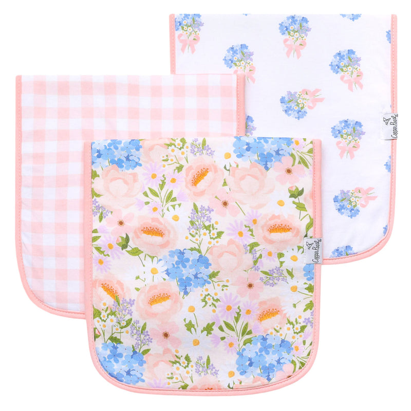 Set of two baby bibs with floral and checkered patterns on a white background