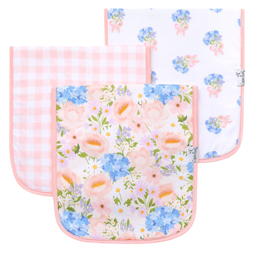 Set of two baby bibs with floral and checkered patterns on a white background