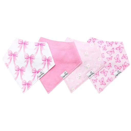 Four pink and white baby bandanas with bows, flowers, and butterflies, arranged in a fan shape on a white background.