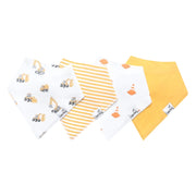 Four baby bandana bibs in a fan arrangement on a white background. The bibs include a white bib with yellow construction excavators, a white bib with yellow stripes, a white bib with orange traffic cones, and a solid yellow bib.