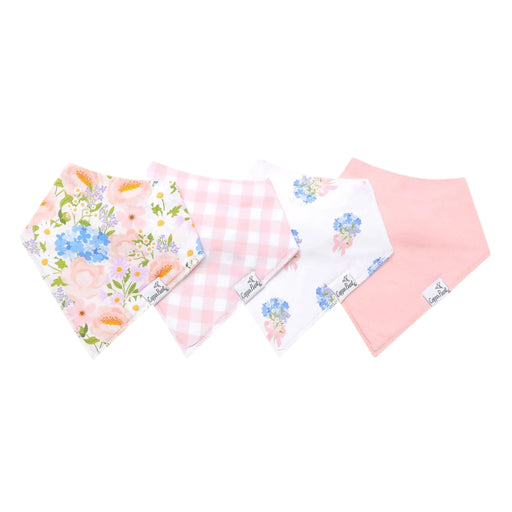 Four square bandanas in various patterns (floral, pink gingham, white floral, and solid pink) arranged in a fan shape on a white background.