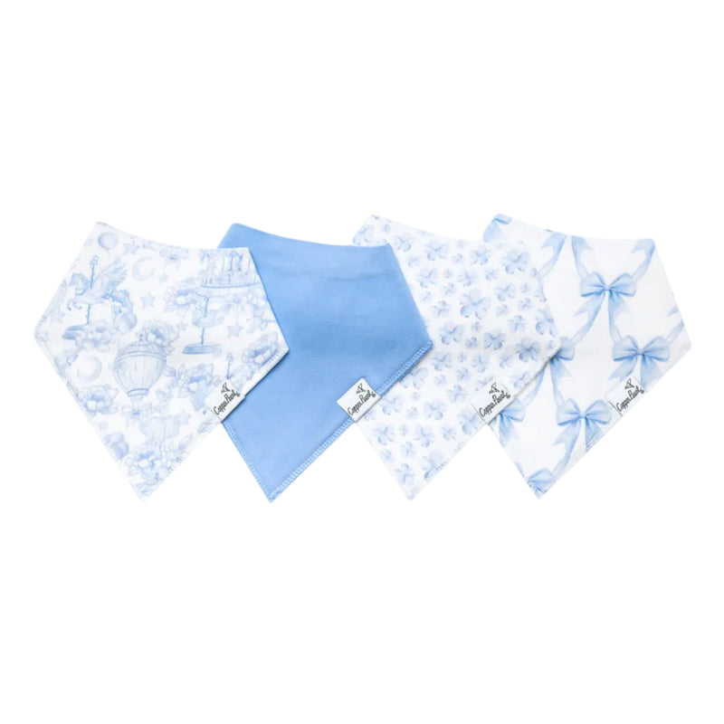 Four baby bandana bibs in shades of blue and white, including toile and bow patterns, arranged on a white background.