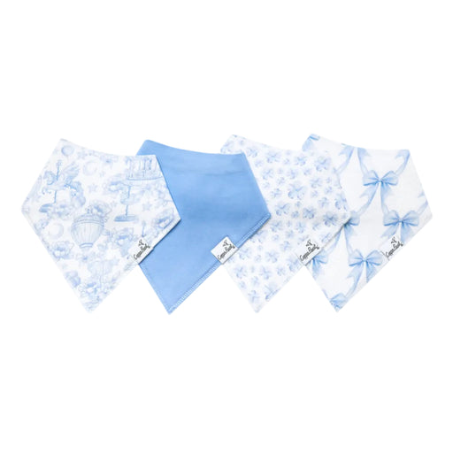Four baby bandana bibs in shades of blue and white, including toile and bow patterns, arranged on a white background.