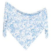 Blue and white patterned scarf on a white background